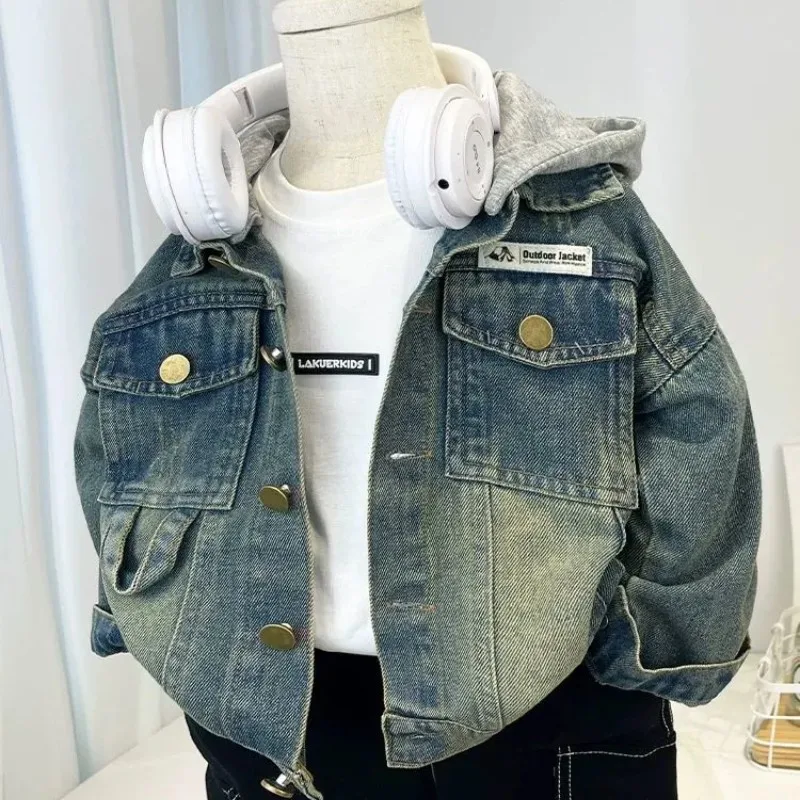 

Baby boy denim jacket Spring and Autumn new style children's handsome hooded coat jeans