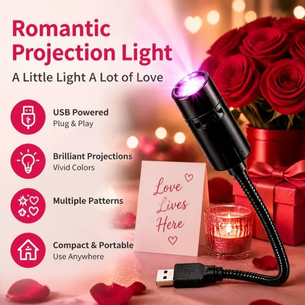 Creativity Valentine's Day Projector Lamp Romance Pink Bedroom Decorative Night Light Interchangeable Slides 6/10pcs Pattern