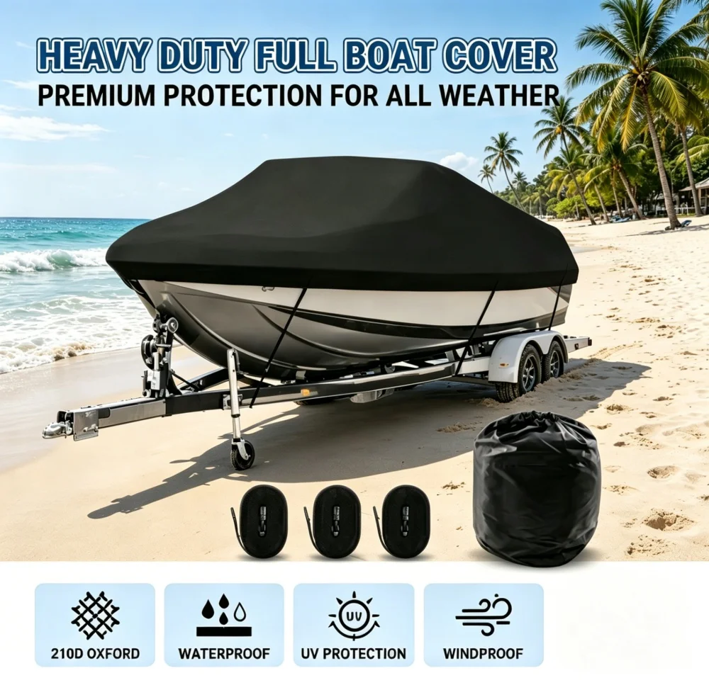 Housse de bateau universelle noire en tissu Oxford 210D imperméable, protection intégrale contre toutes les intempéries, anti-poussière et anti-UV