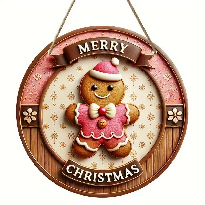 1pc, 2D Wooden Merry Christmas Pink Gingerbread Man7.9Inch/20cm Round Hanging Sign Wall or Door Decor Wall Art Outdoor Courtyard