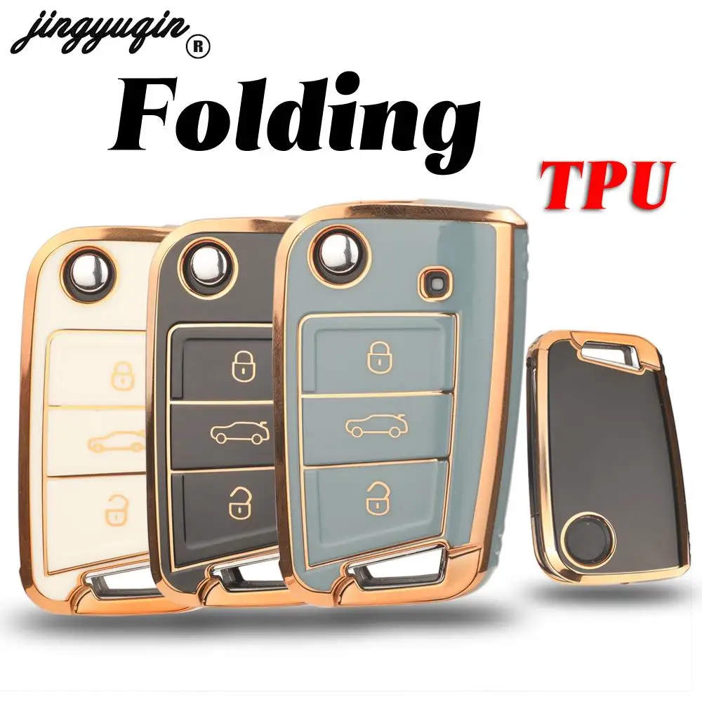 Jingyuqin For VW Golf 7 MK7 Tiguan Folding Car Key TPU Case Cover Protection MK2 SEAT Ateca Leon FR 2 Ibiza Skoda Octavia A7
