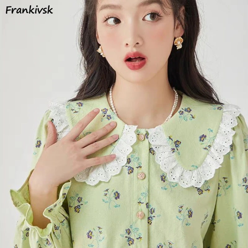 

Shirts Women Floral Prairie Chic Vintage Puff Sleeve Sweet Cute Summer Youthful Peter Pan Collar Ruffles French Style Daily New