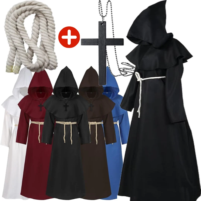 Mittelalterlicher Mönch Kapuze Umhang Zauberer Priester Kostüme Halloween Robe Zauberer Ritter Umhang Erwachsene Teenager Outfit Party Requisiten Set