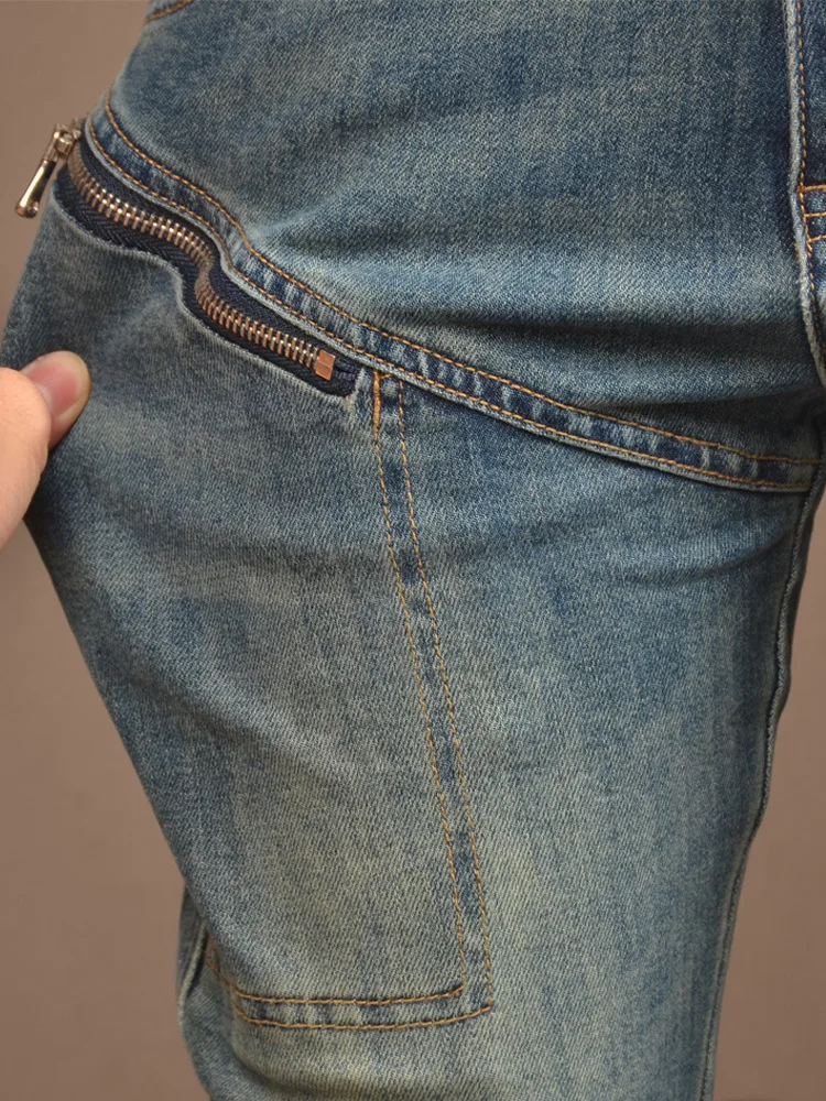 Retro Distressed Stitching Motorcycle Jeans Men's Personalized Men's Clothing Stretch Slim Fit Skinny High-End High Street Pants