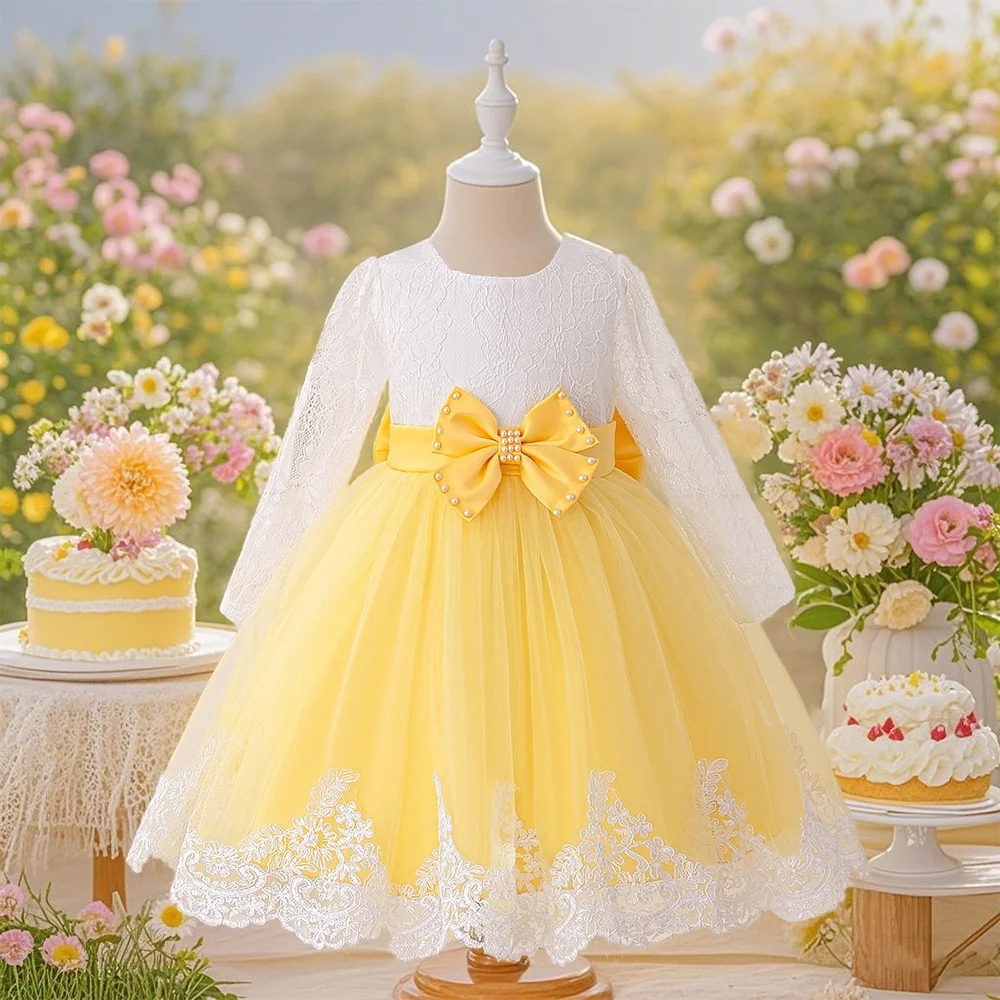 

Lace long sleeve big bow girl dress elegant and beautiful dress suitable for birthday party gathering travel photo taking