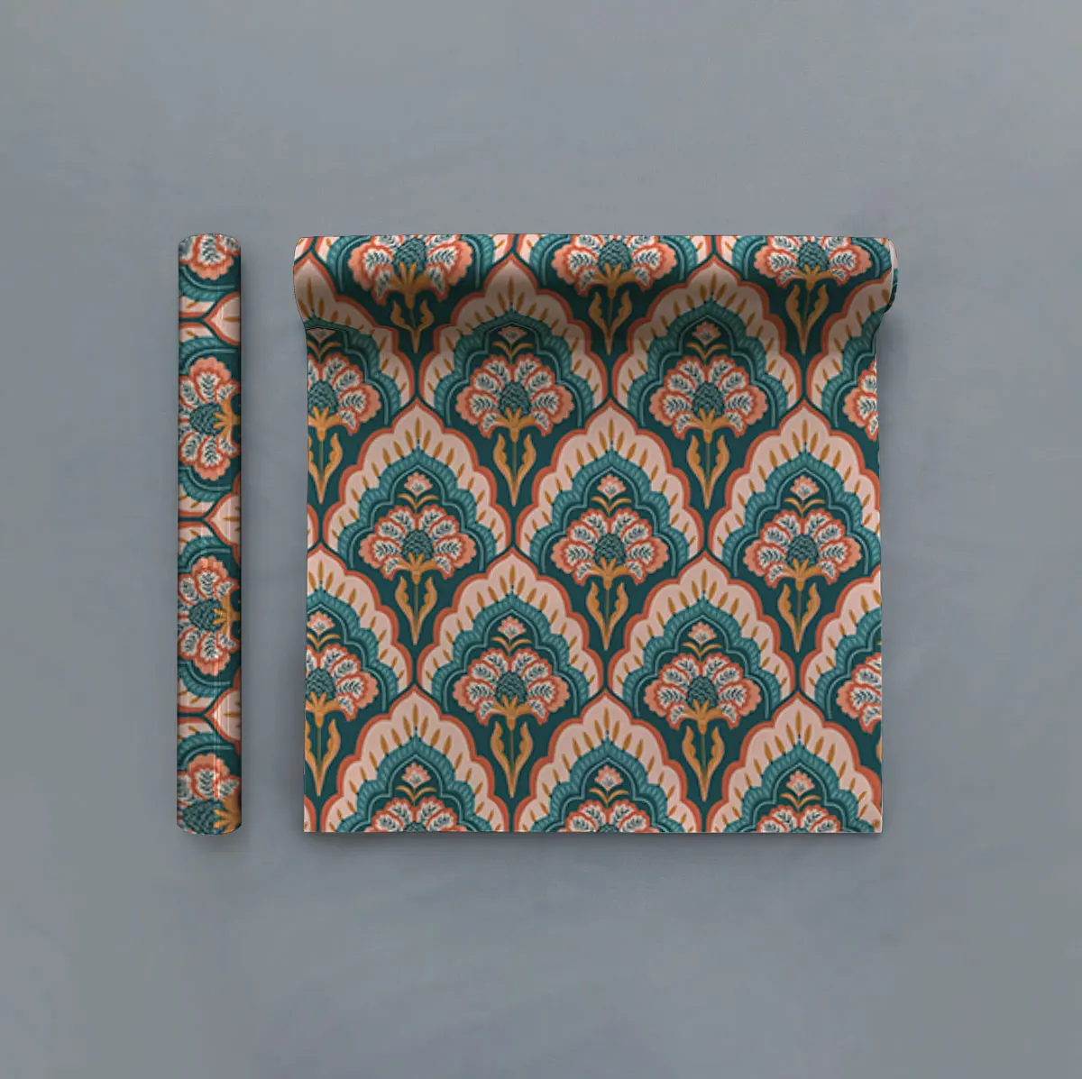 Circular wallpaper with blue background and pink flowers featuring a paisley pattern waterproof perfect for hiding imperfecti