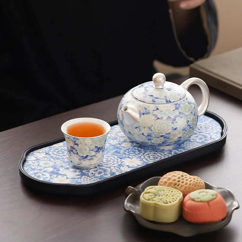 Handmade silver Yuxi teapot blue and white hand-painted ten thousand flower brewing teapot one pot two cups dry brewing plate
