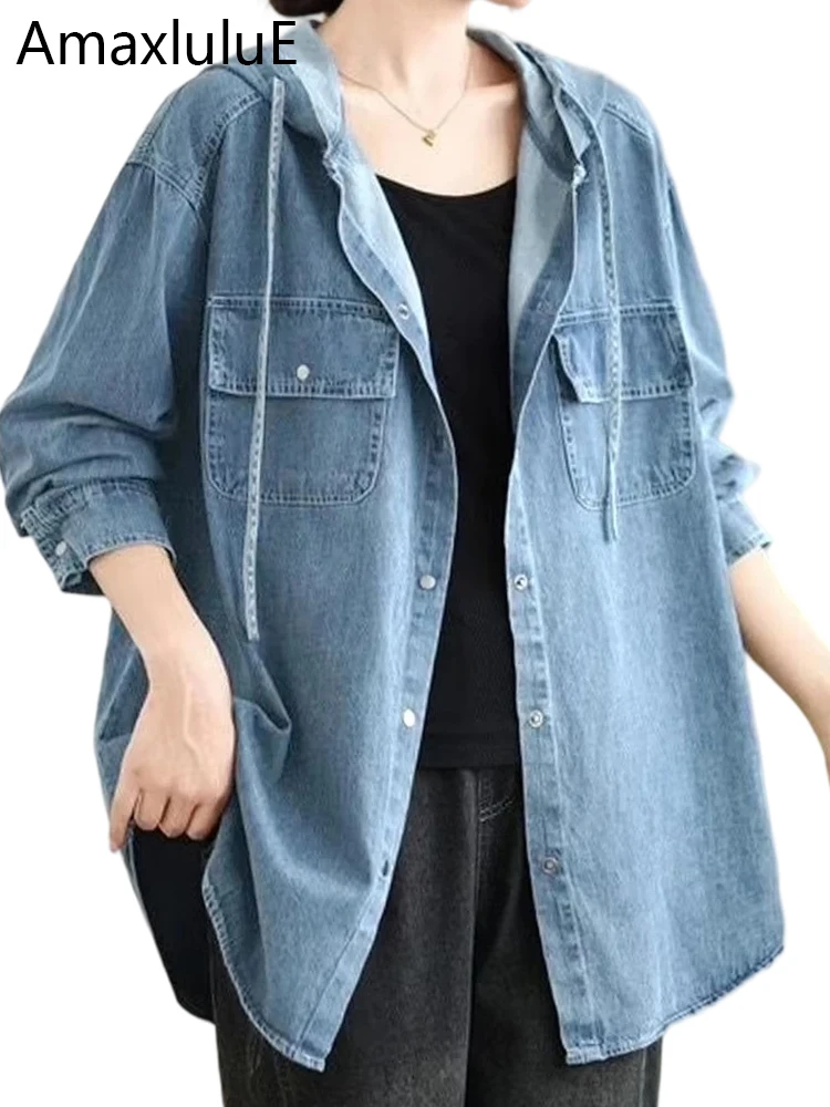 

Amax luluE Fall 2025 Loose Casual Hooded Denim Shirts Womens Vintage Females Classic Oversized Blouses British Fashion Punk Tops