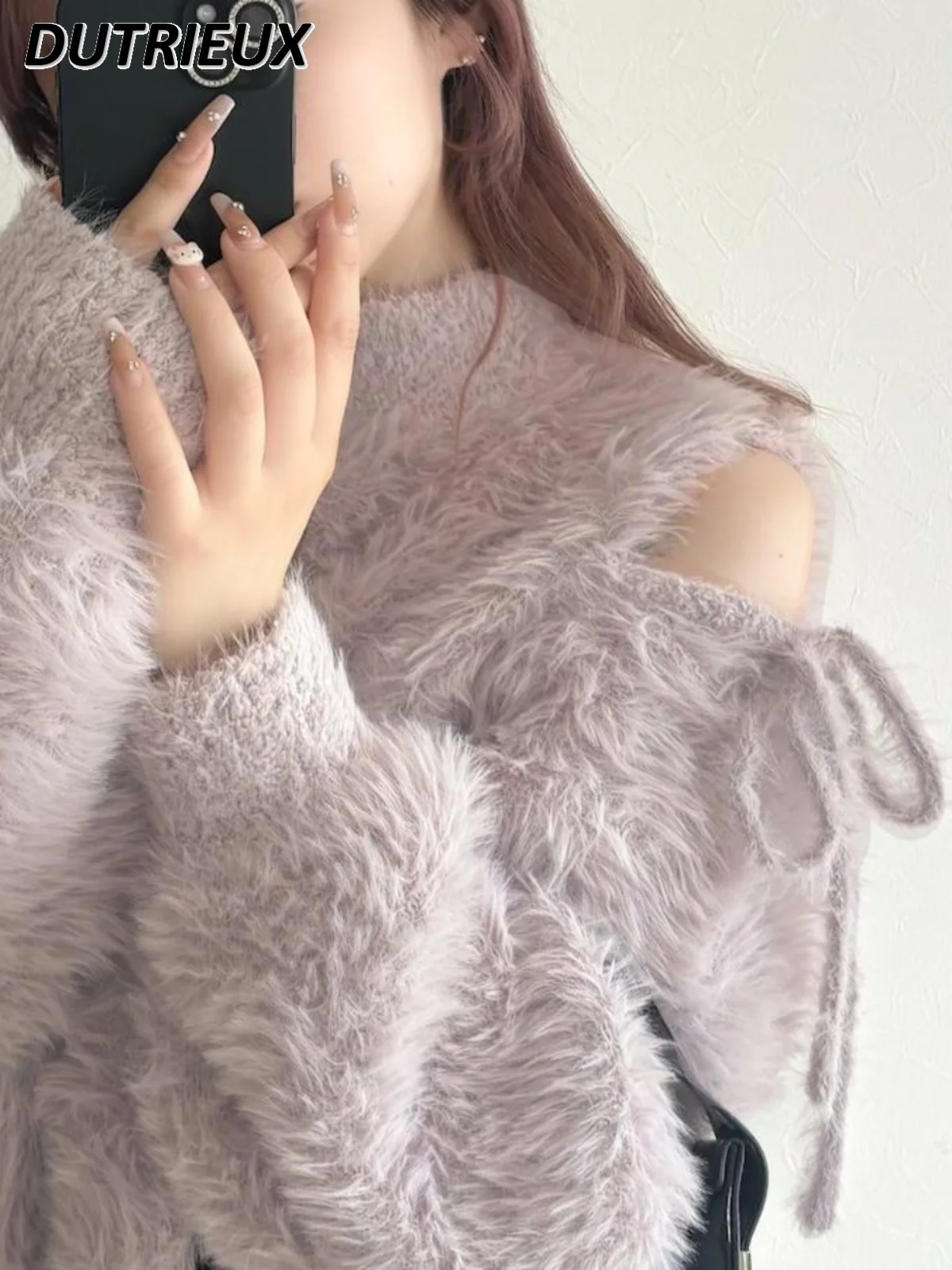 Autumn Winter Off-shoulder Hollow Stand-up Collar Plush Warm Knitted Jumper Sweet Girls Versatile Long-sleeved Bottoming Sweater