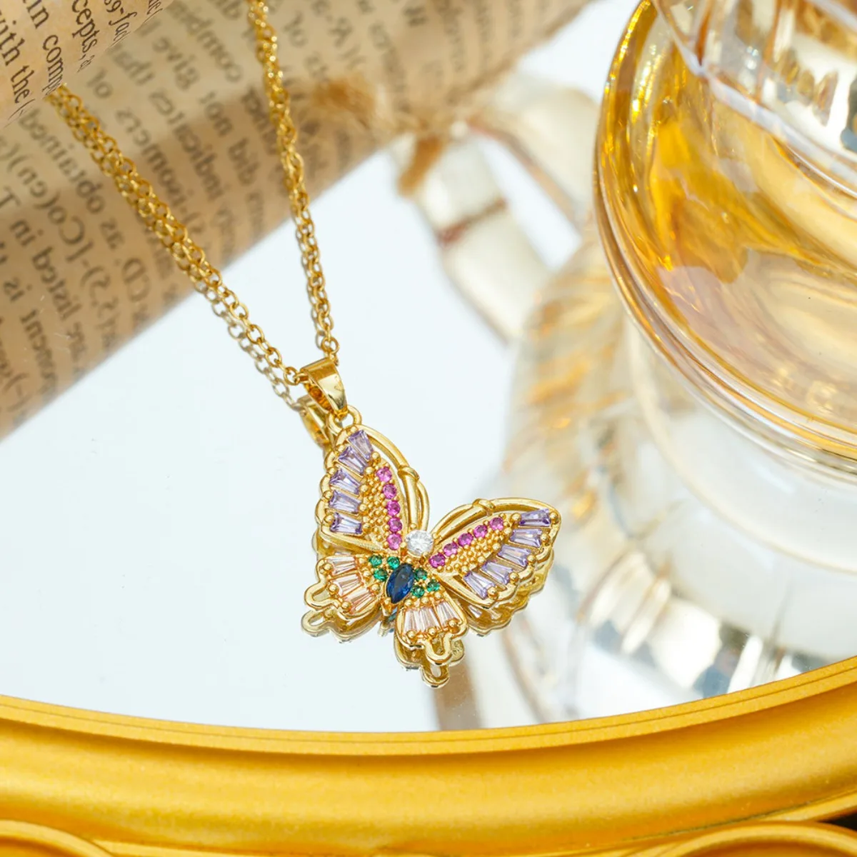 

Stainless Steel Chain Luxury Colorful Zircon Butterfly Pendant Necklaces for Women Sweet Collar Accessories Jewelry Gifts