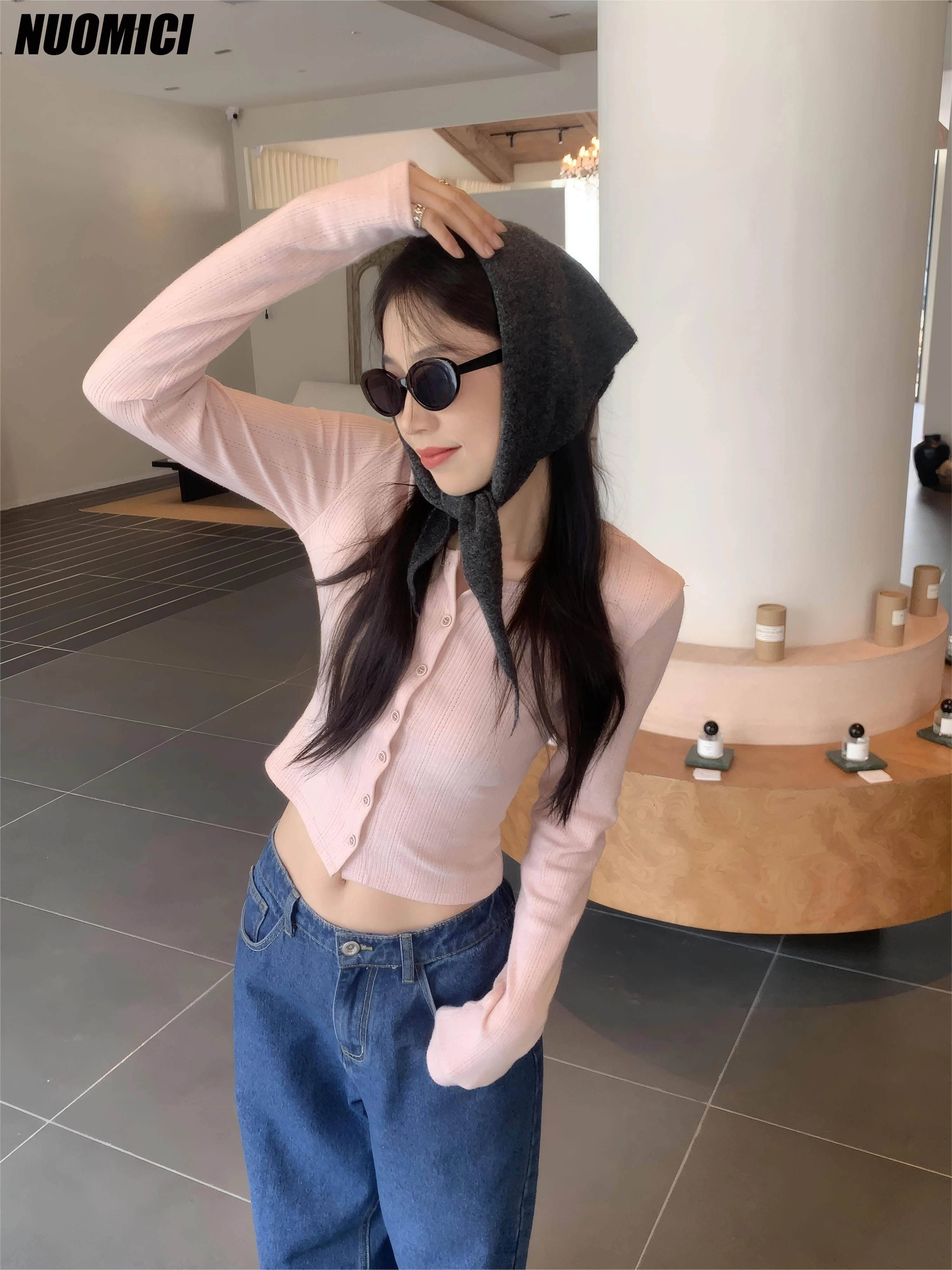 

NUOMICI Pink Long Sleeve Cardigan Women's Clothes Autumn Hollow Pattern Tops Gentle Cute Slim Basic Knitwear Fashion T-shirt New