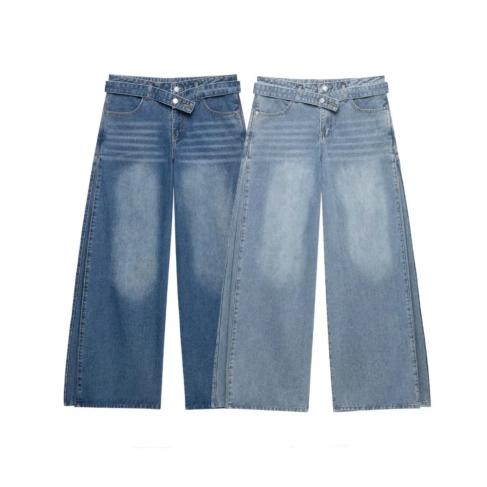 Elegant Chic Mid-rise Belted Jeans for Women New in Fashion Denim Baggy Pants with Pockets and Side Pleats Loose Wide Leg Jeans