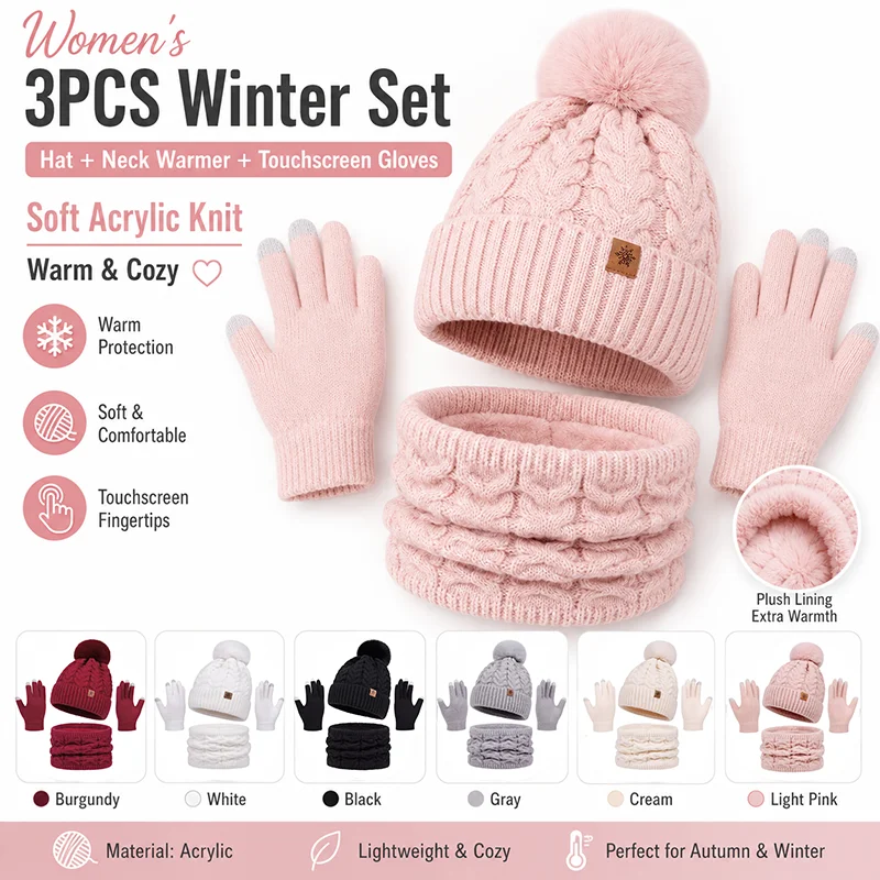 Women's Winter 3PCS Knit Hat Scarf Gloves Set Soft Acrylic Pom Pom Beanie Warm Neck Warmer Touchscreen Gloves Winter Accessories