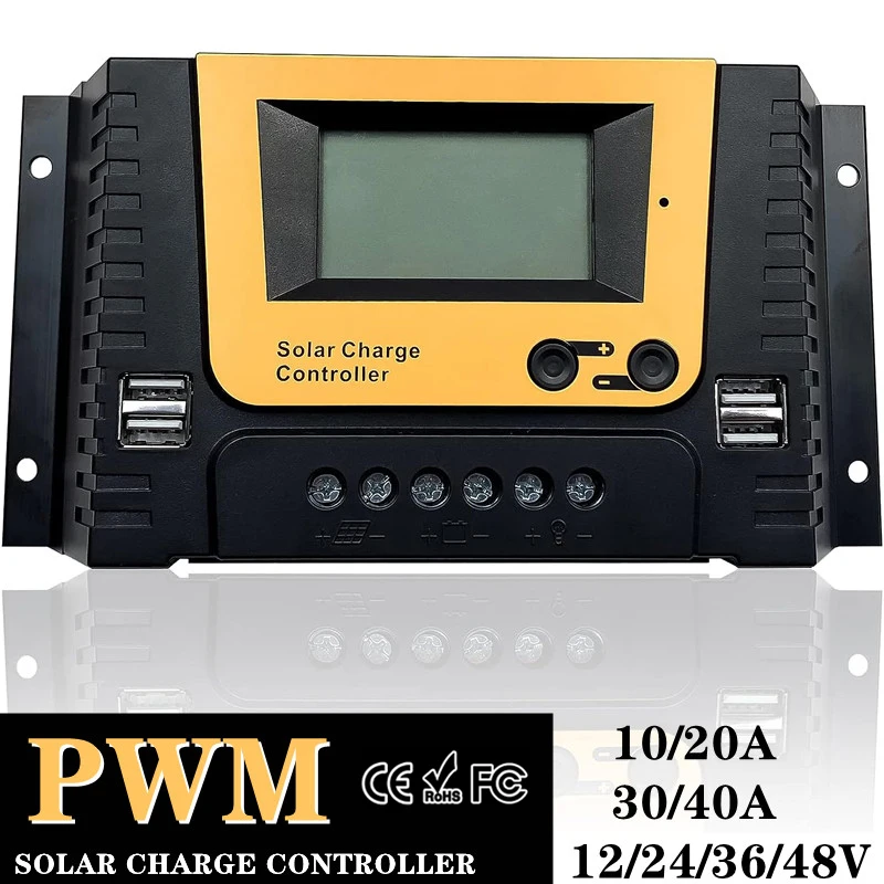 

PWM Solar Lithium Battery Controller with 40A Is Suitable for 12/24/36/48V 4 USB Port Lithium Battery Solar Panel Regulator