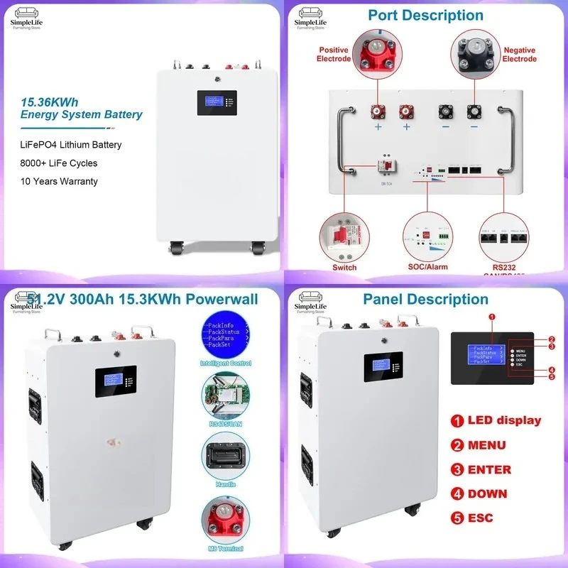 48V 100Ah 200Ah LiFePO4 Battery Pack Solar Energy Storage System Lithium Ion Battery with BMS for Home Off Grid Power Wall