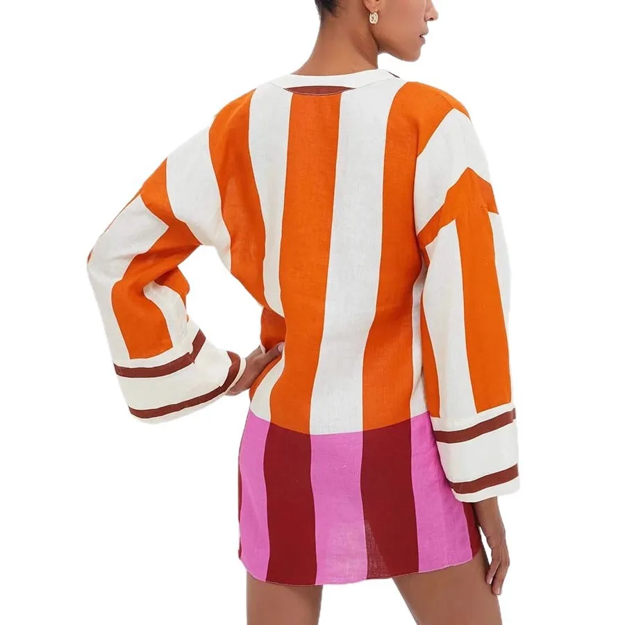 Autumn Winter Women Linen Material Mini Dresses Print Sexy V-neck Hollow Out Long Sleeves Robeson Beach Party Female Dresses - Image 5