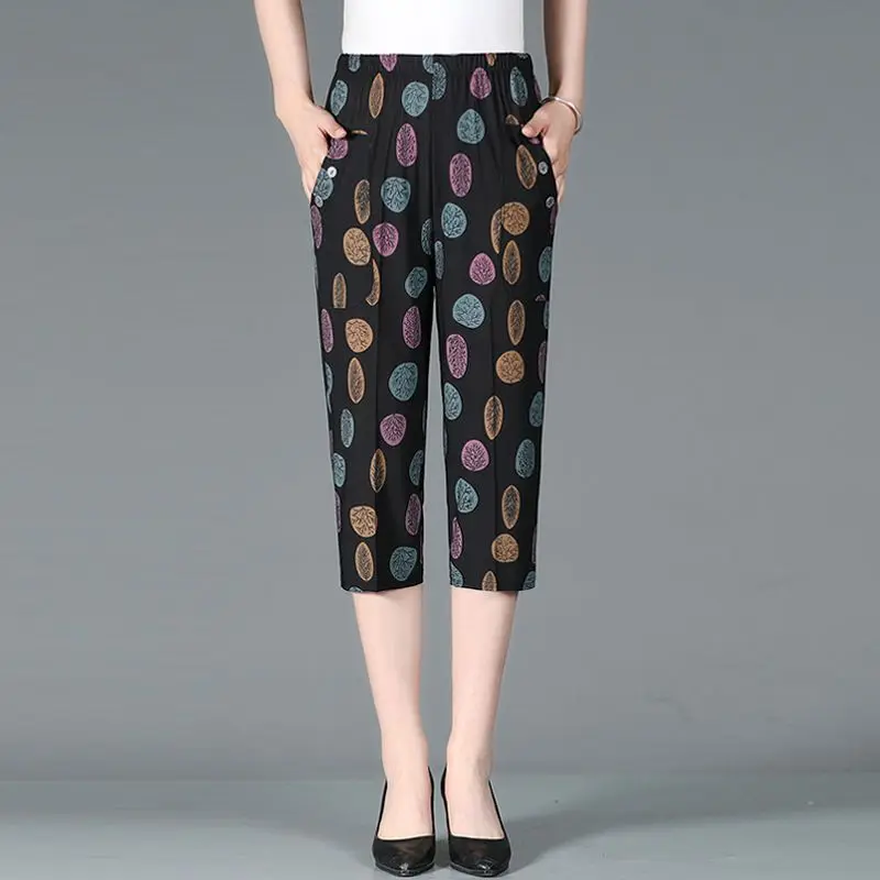 Summer New High Waist Capri Pants Elastic Casual Loose Straight Female Clothing Fashion Pockets Patchwork Vintage Printed Pants