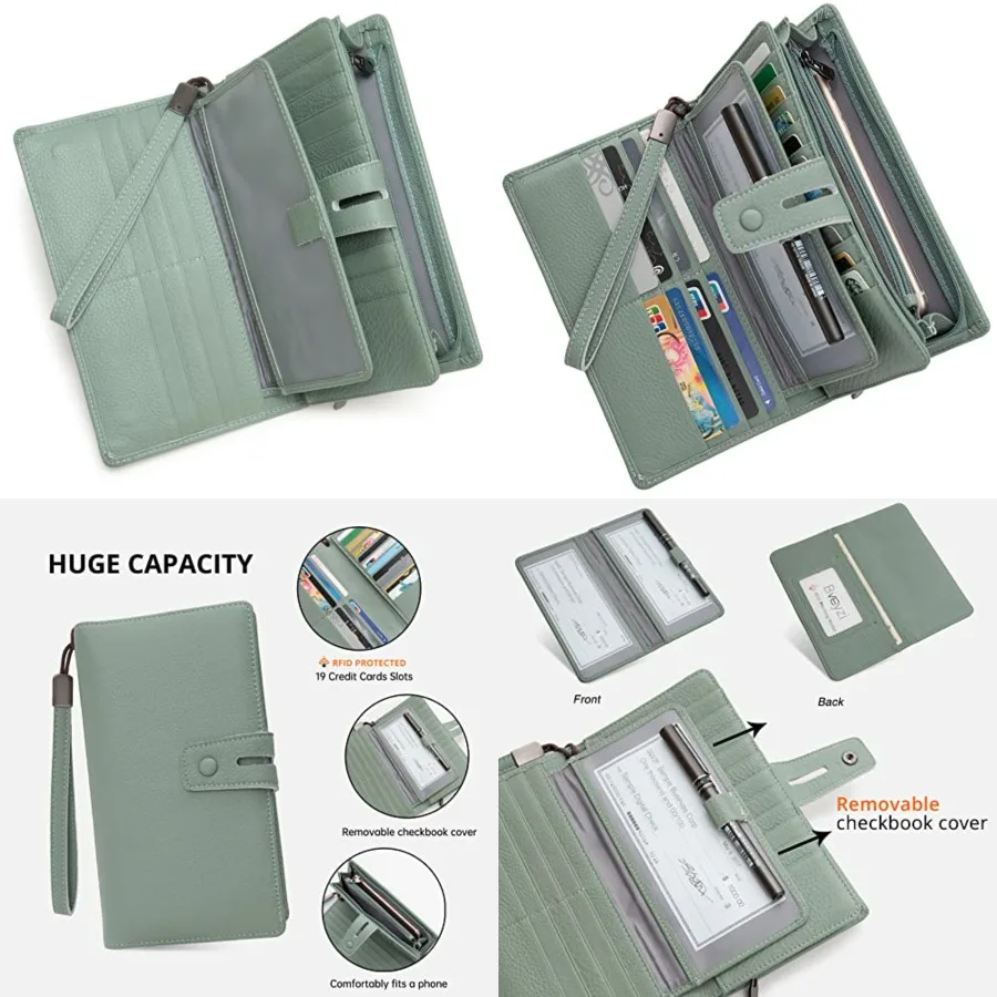 

Women's Big Fat Rfid Leather Wristlet Wallet Organizer Large Phone Checkbook Holder with Zipper Pocket