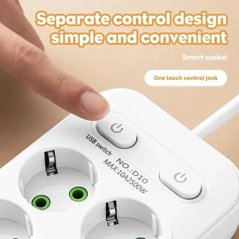 Smart 6-Socket Power Strip 2M Extension Cable 4 USB 1 Type-C Universal Surge Protector Individual Switch White Black view 3