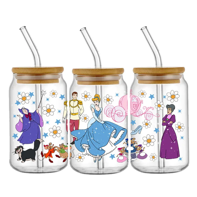 Disney putri Ariel Belle Cinderella UV stiker DTF untuk 16ozCup bungkus stiker Transfer Label kustom Logo DIY perekat