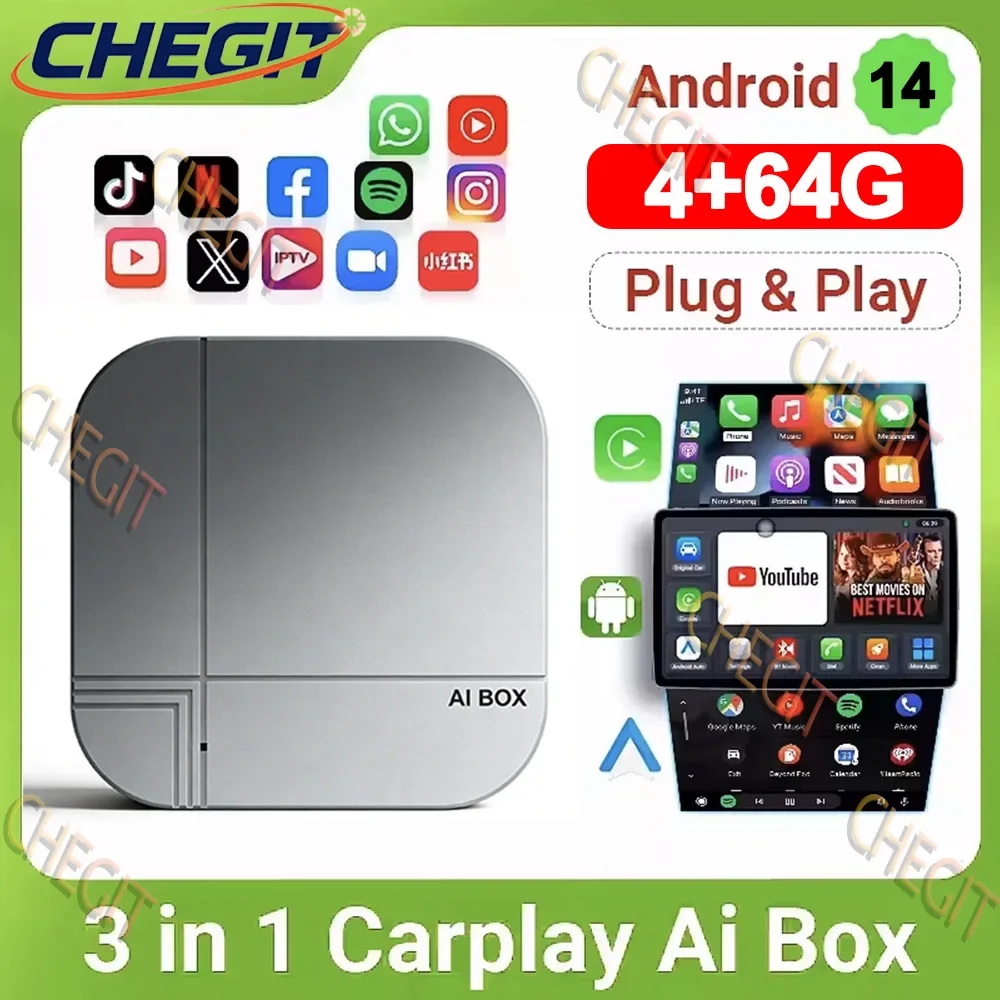 

NEW CarPlay AI Box Android 14.0 Wireless CarPlay Android Auto Adapter 4G+64G 2G+16G FOTA Upgrade Tv Box For YouTube Netflix TK