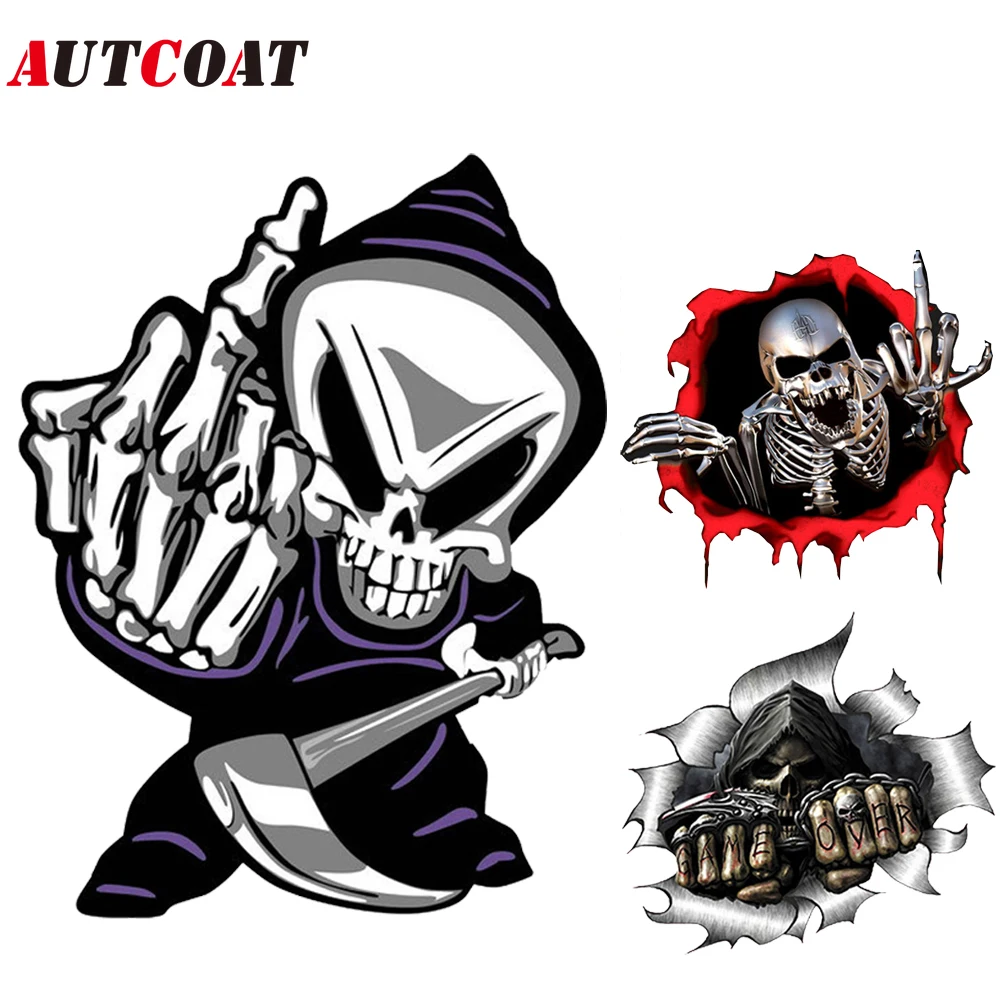 

AUTCOAT 1Pcs 18*14cm Skull Middle Finger Funny Car Stickers Car Window Decorative Sticker Skull Decal for Car Decoration