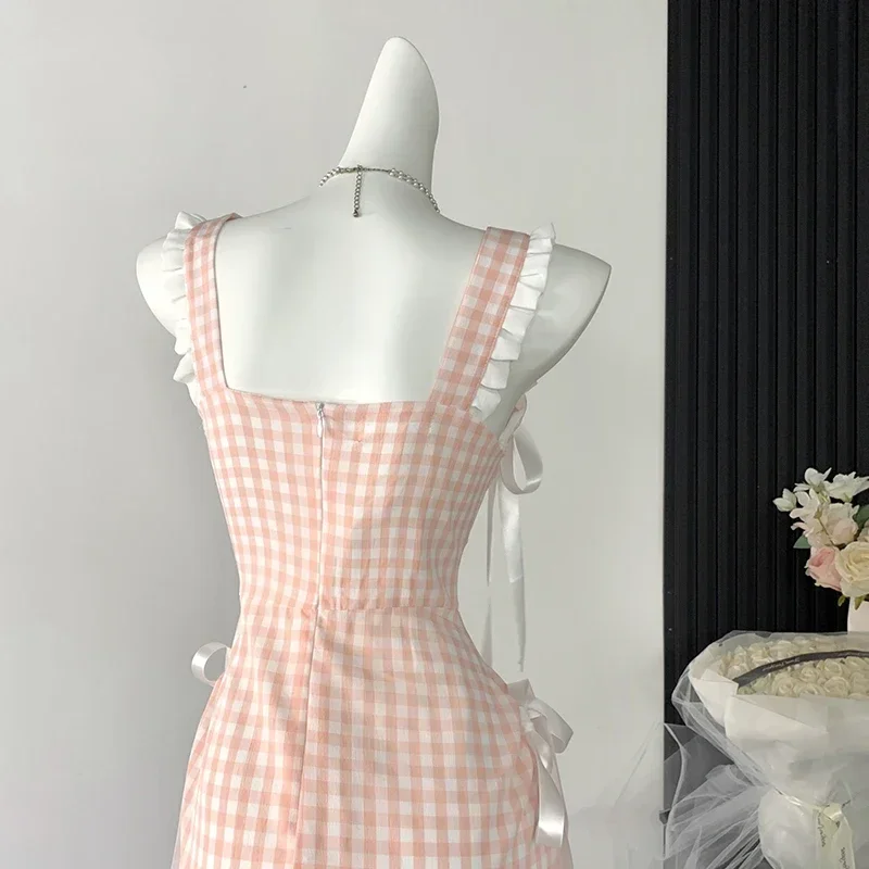 Summer Women Pink Plaid A-line Mini Dress Y2k Vintage Elegant Bow Dresses Off Shoulder Sleeveless One Piece Frocks 2000s Clothes