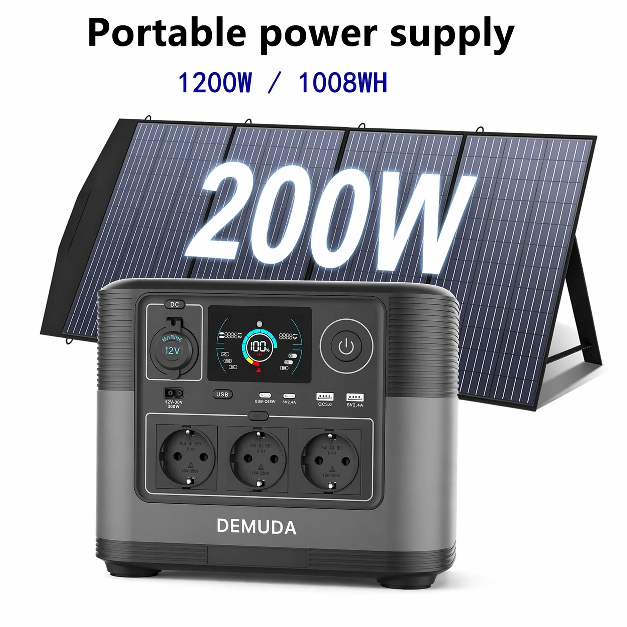 Image of DEMUDA 1008Wh 1200W LiFePO4 Tragbare Solarstromstation mit 200W Solarpanel, Notstromversorgung für Camping, Wohnmobil und Haushalt ﻿