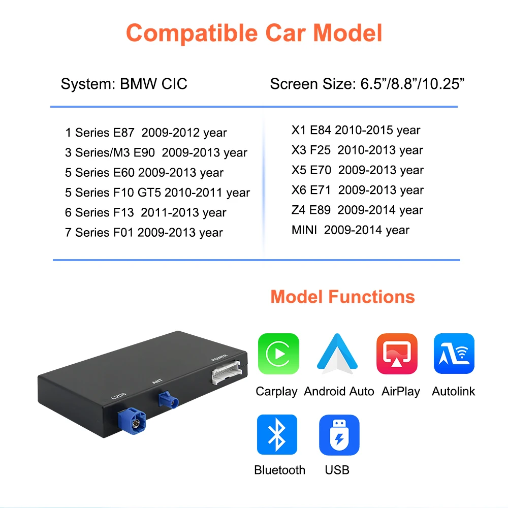 Bonroad Wireless Carplay Android Auto Decoder Box For BMW CIC System 3/5 Serie E60 E61 E90 E92 X1 E84 X3 F25 X4 F26 X5 E70 X6 E71 F10 F01 F07 Support Android Auto Mirror Link Navigation view 2
