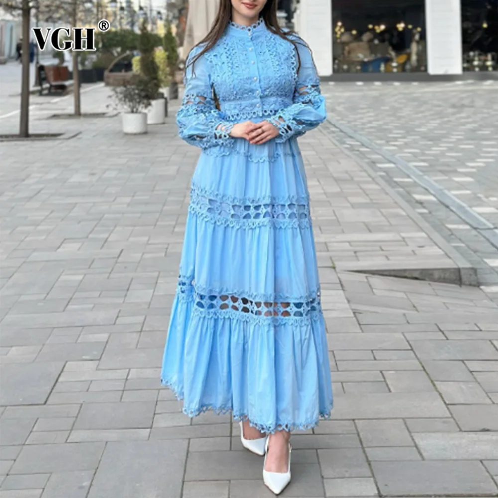 

VGH Solid Hollow Out Two Piece Set For Women Round Neck Long Sleeve Spliced Button Tops High Waist Skirts Casual Sets Female New