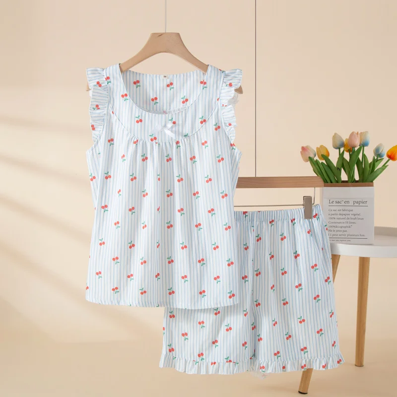 2pcs Women's Pajama Set Fresh Elegant Style 100% Cotton Double Gauze Flutter Sleeve Soft Long Staple Cotton Lightweight Wearable
