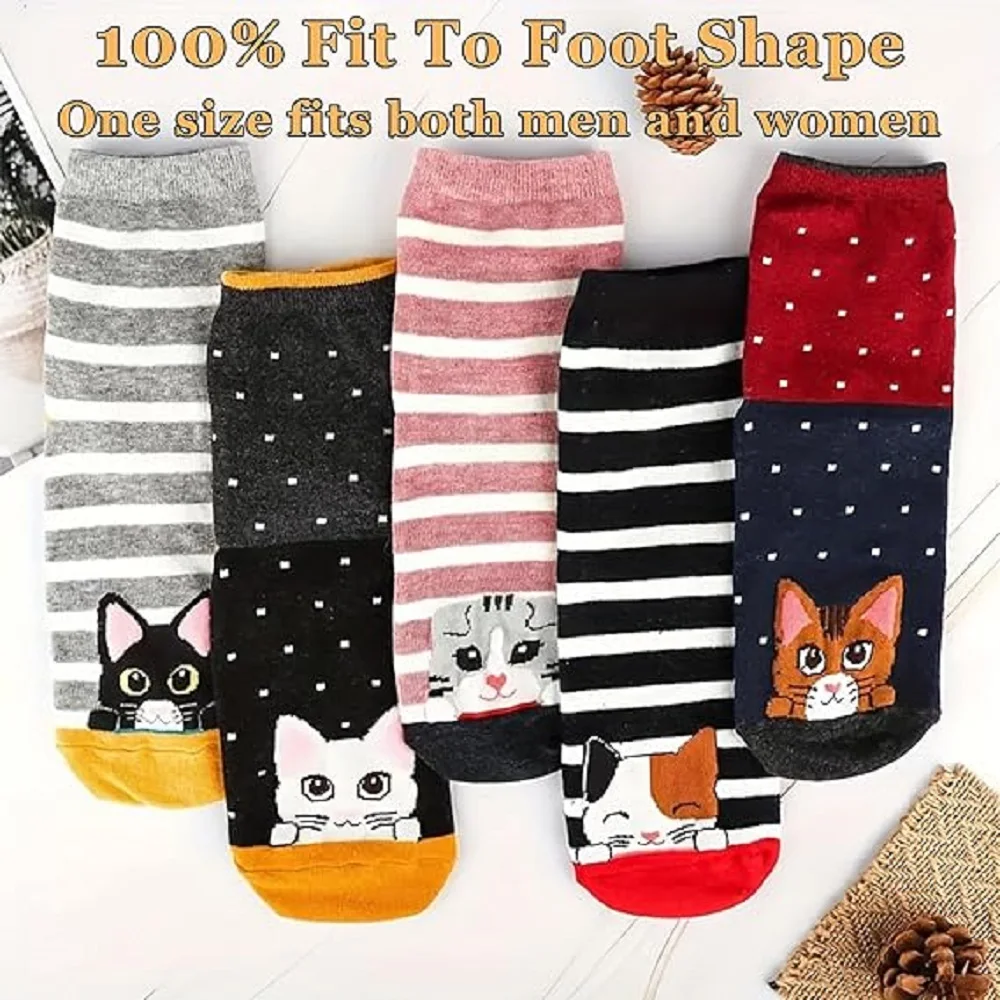 5 Pairs Fashion Women's Cute Cat Socks Cartoon Fun Animal Mid-Tube Sock Soft Comfortable Casual Ankle Socks for Female Girls image 2