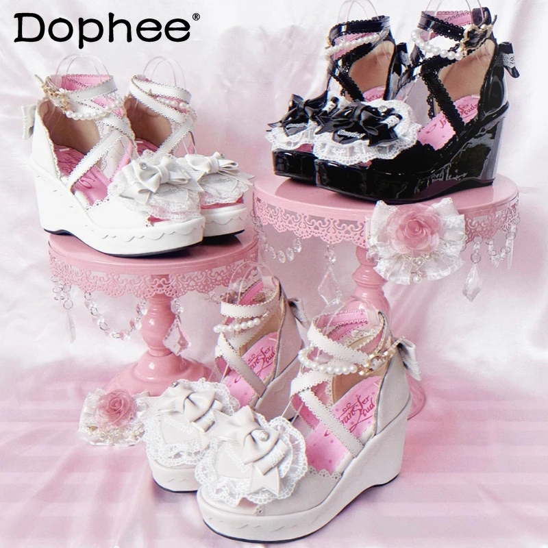 

Original Japanese Sweet Lolita Style Fish Mouth Wedge Sandals Summer New 2025 Girls Cute Bow Lace Elegant Y2k Platform Shoes
