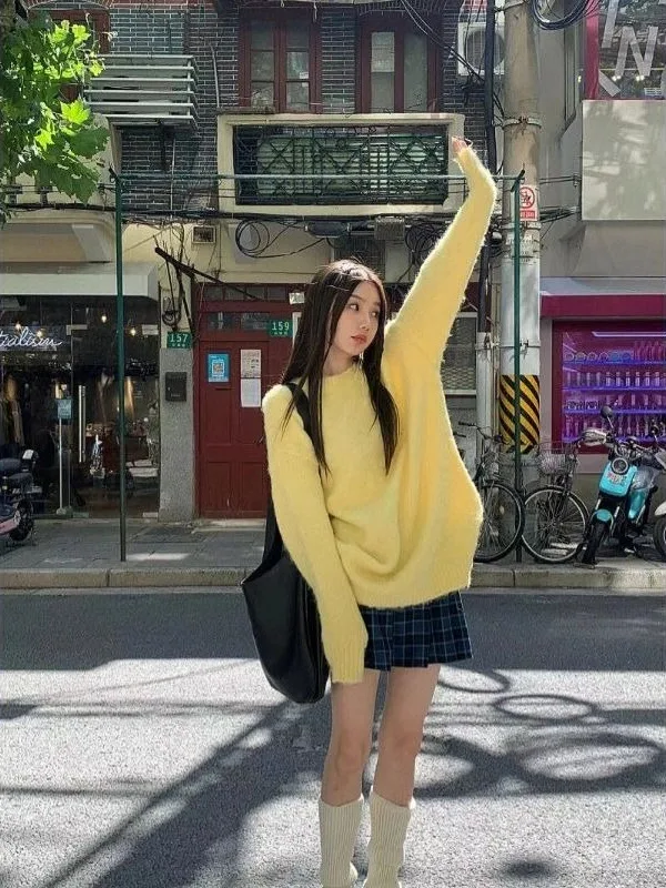 

Мягкий, свободный, желтый кашемировый вязаный свитер в стиле кэжуал для женщин, модный, с длинным рукавом, круглым вырезом, утолщенный