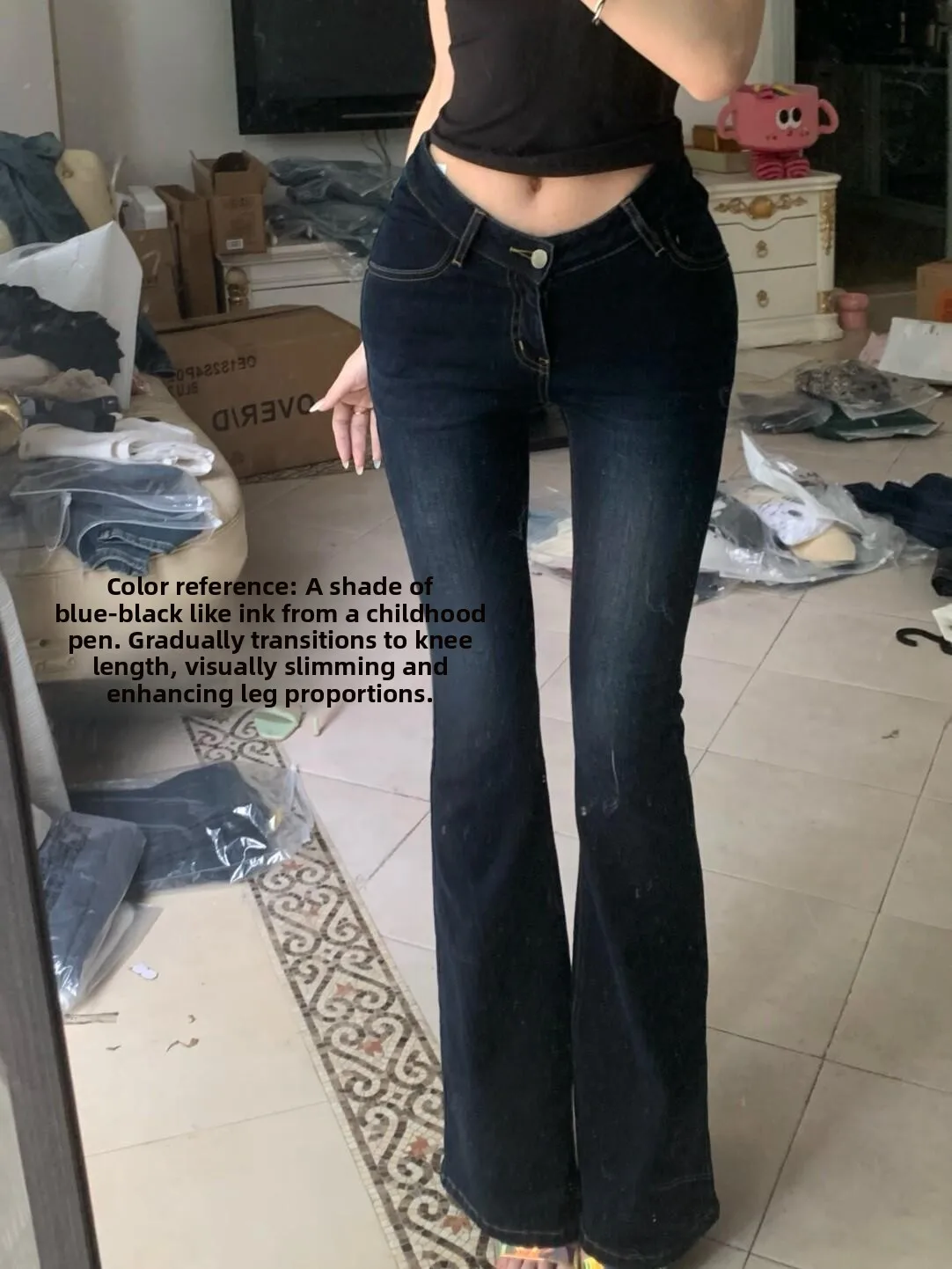 Black Blue Flared Jeans Women's Long Pants Casual Style Natural Waist Cotton Stretch Denim Wear Resistant Micro Flare Pants