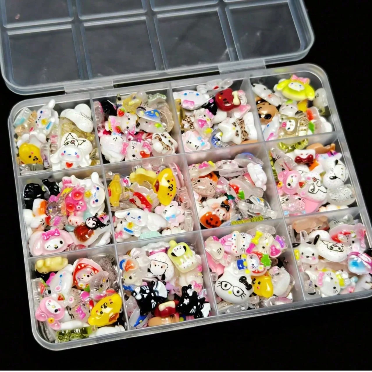 120PCS 12‑Grids Box Mixed Sanrio 3D Nail Charms Cute Cartoon Resin Ornaments Kawaii DIY Nail Art Manicure Decor Accessories