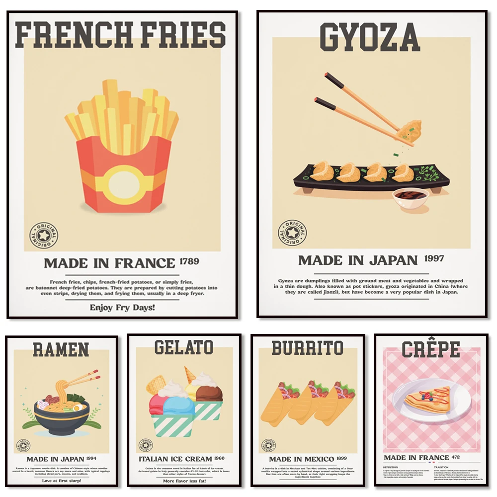 Ramen japonés, albóndigas, kebabs turcos, burritos, patatas fritas, crepes, helado italiano, cartel estético de decoración de cocina