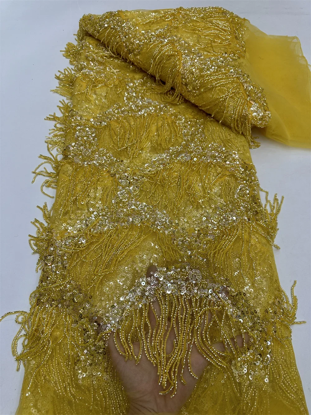 비즈 태슬 프렌치 얇은 명주 그물 레이스 원단, 헤비 신부 가운 레이스 소재, 스팽글 포함, 특별한 날 적합, RJW24111801