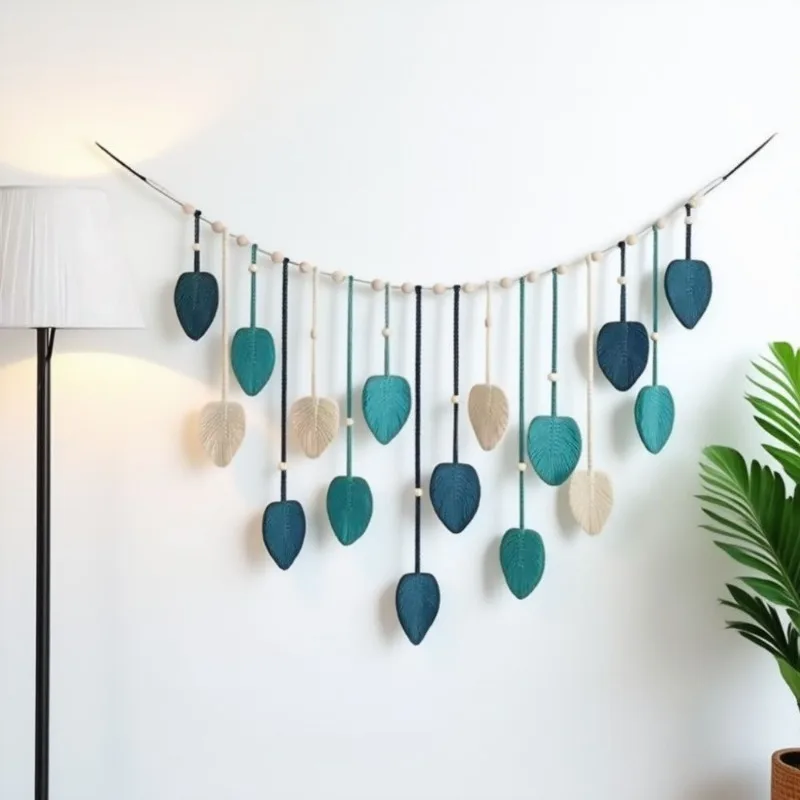 

Decorative hand-woven leaves, tapestries, wood beads and leaves photo wall hangings, fringed wall hangings