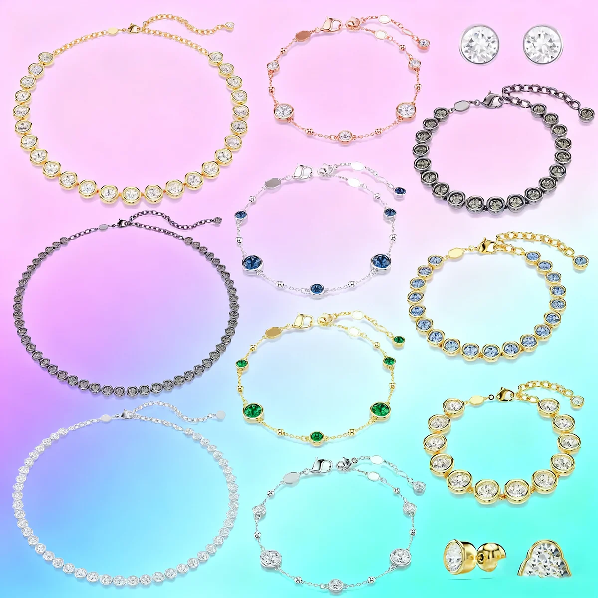 

Original New Round Trendy Charm Fine Jewelry Sets Round Cut Crystal Tennis Necklace Bracelet Earrings Jewelry for Women