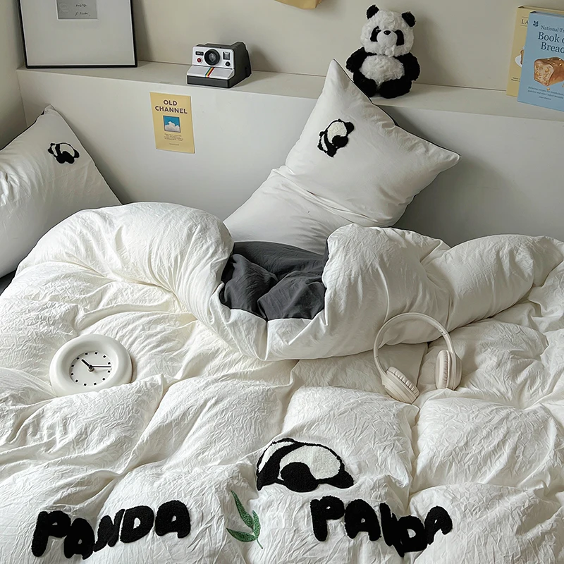 Panda Embroidery Washed Cotton Bedding Set with Pillowcase bed sheet Single Full Bed Linen Orange Duvet Cover Queen/King Double