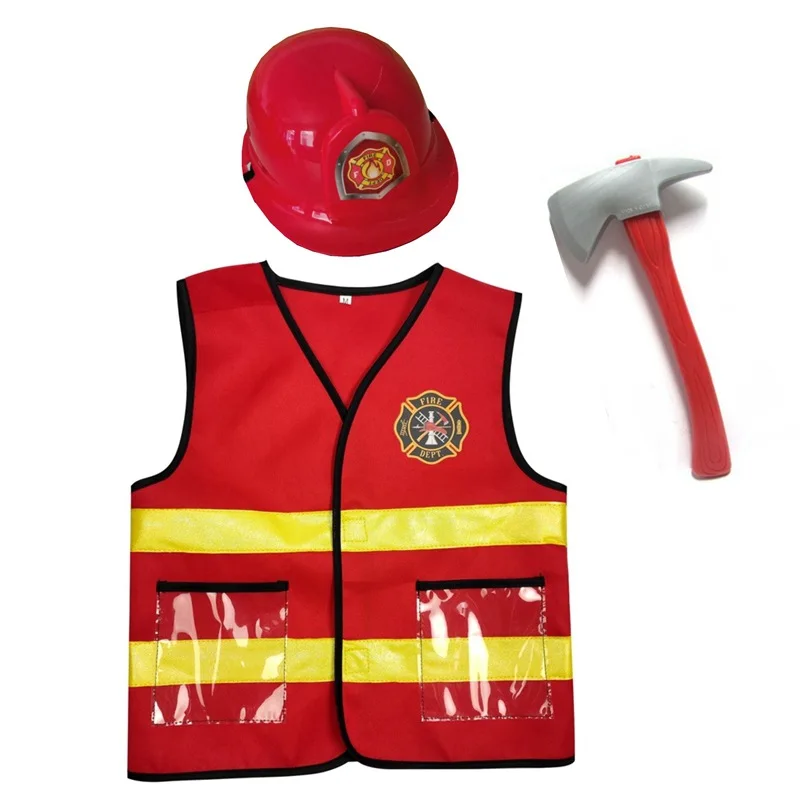 Kids Firefighter Cosplay Clothing Children Little Fireman Firemen Costume Child Halloween Carnival Party Red Hat Vest Toys