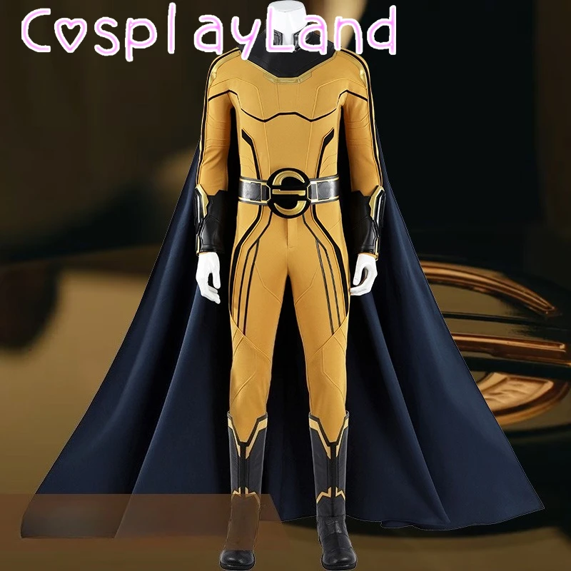 

Sentry Cosplay Costume Customized Pearlescent Fabric Yellow Zentai Jumpsuit Cloak Halloween Bolts Comic Con Men Battle Suit