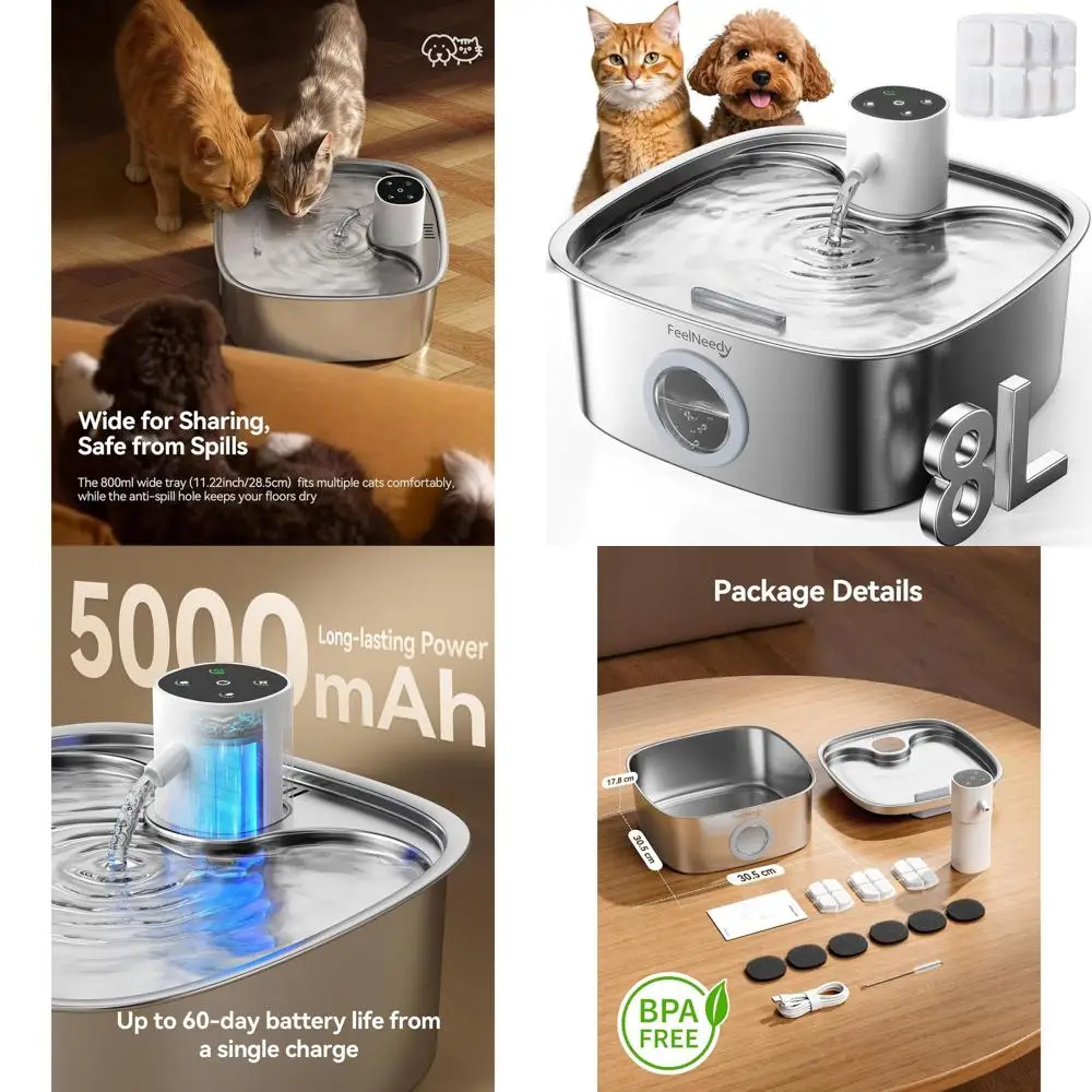 

5000mAh Battery-Powered Pet Water Fountain, 8L Capacity with 3 Motion Sensors for Multiple Pets, Easy to Set Up and Clean