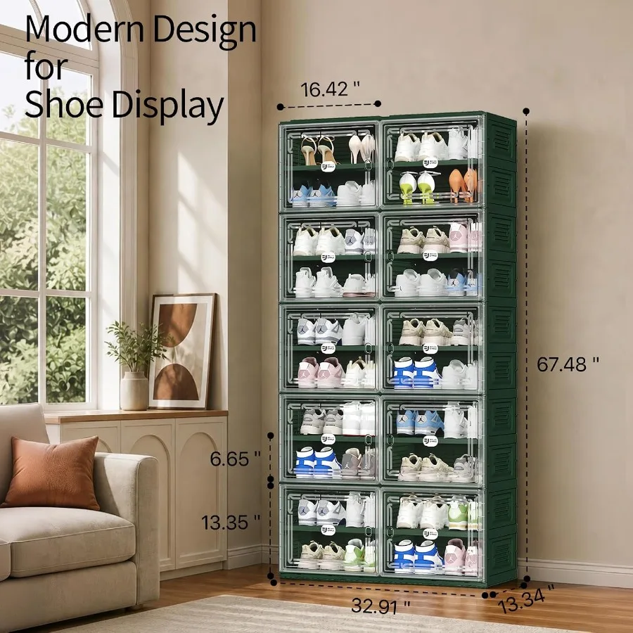 Green Foldable Shoe Storage Cabinet for 40 Pairs with Magnetic Clear Doors, Portable Enclosed Shoe Organizer, 3-Step Quick Asse