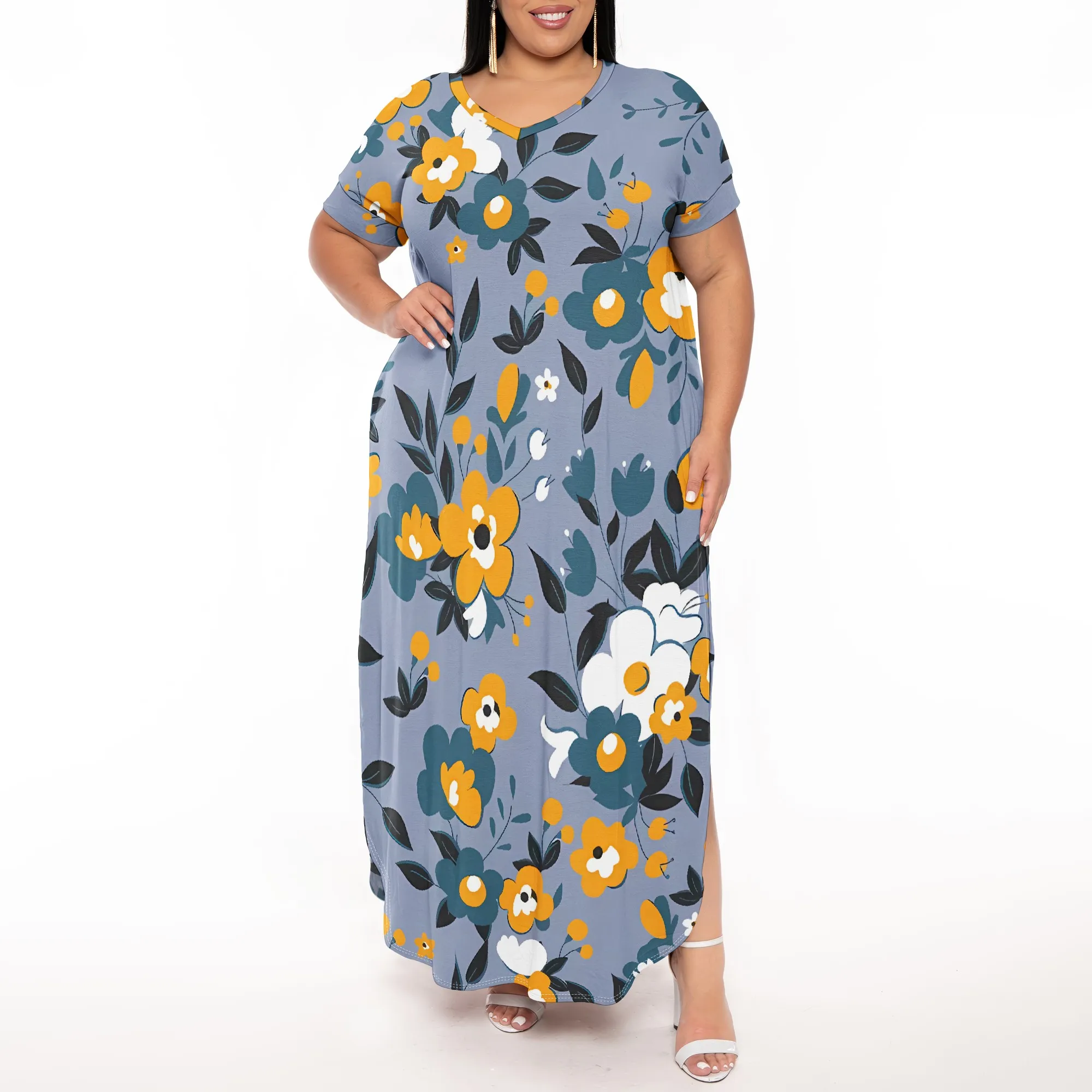 

Floral Pattern Long Sleeve Plus Size Dress with Waist Tie for Everyday Comfort and Style