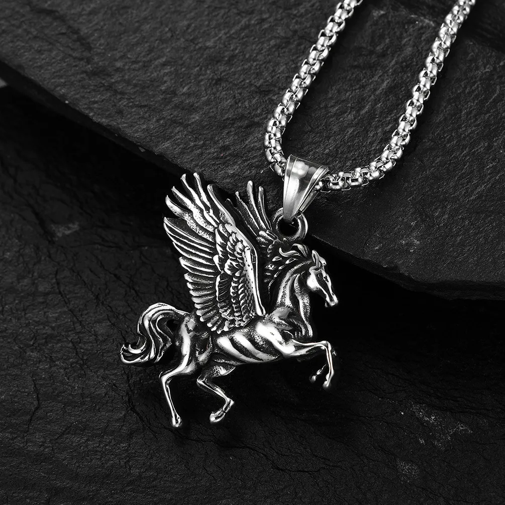 Retro Style Stainless Steel Pendant Necklace Greek Mythology Flying Horse Unicorn Design for Men And Women Trendy Jewelry