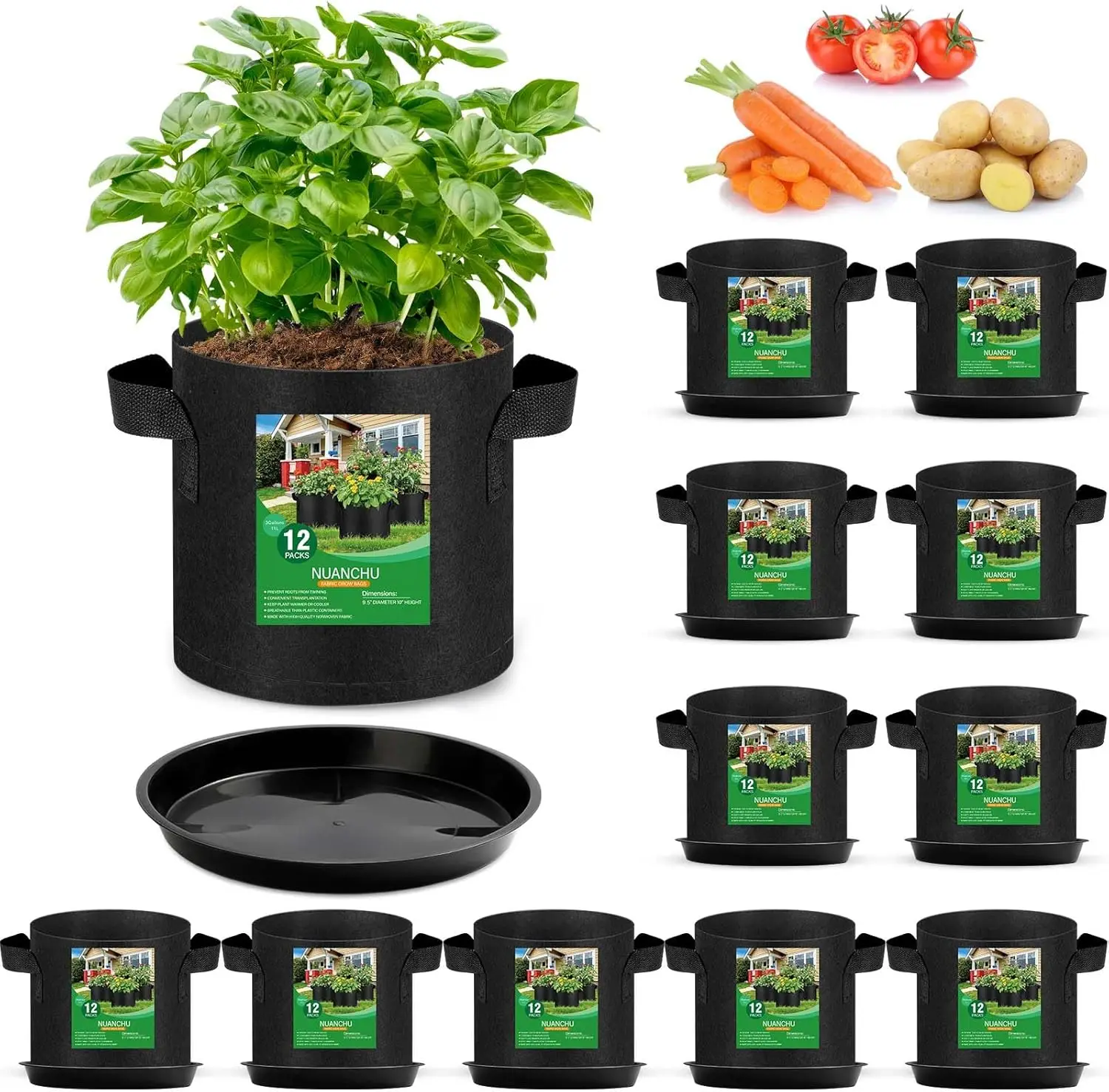 

12 Sets 3 Gallon Grow Bags with Plant Saucers, Durable Fabric Plant Pots with Handles, Aeration Drainage Planter Bags fo