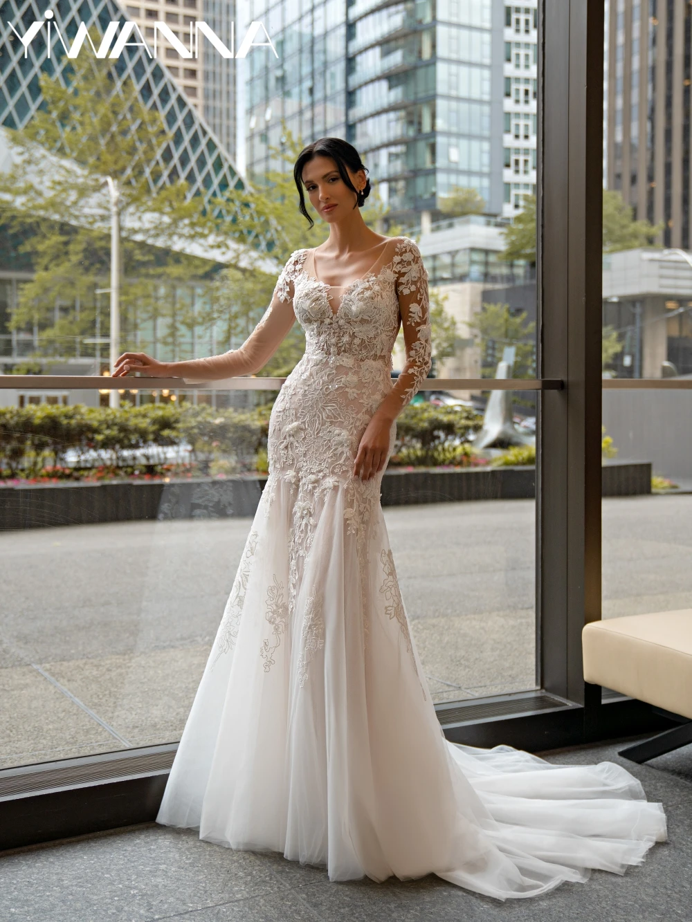 

Shiny Beaded Mermaid Long Wedding Dress Illusion V-neck Backless Bridal Gown Customized Lace 3D Flower Dresses For Bride