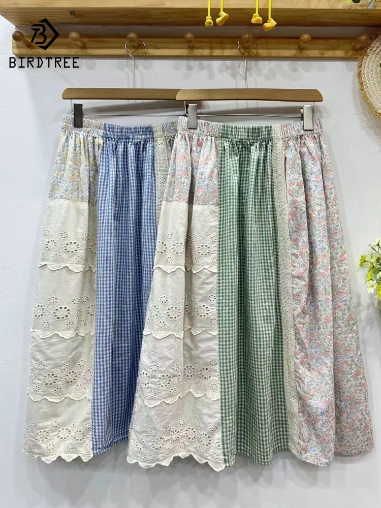 

New 2025 Summer Cotton Skirt, Women Elastic Waist Print Embroidery Patchwork, Mori Girl Sweet Prairie Chic Loose Skirt B57354CC